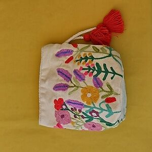 Embroidered - Made in India Jute Bag With Floral Design - 7 in Tall 7 in Wide
